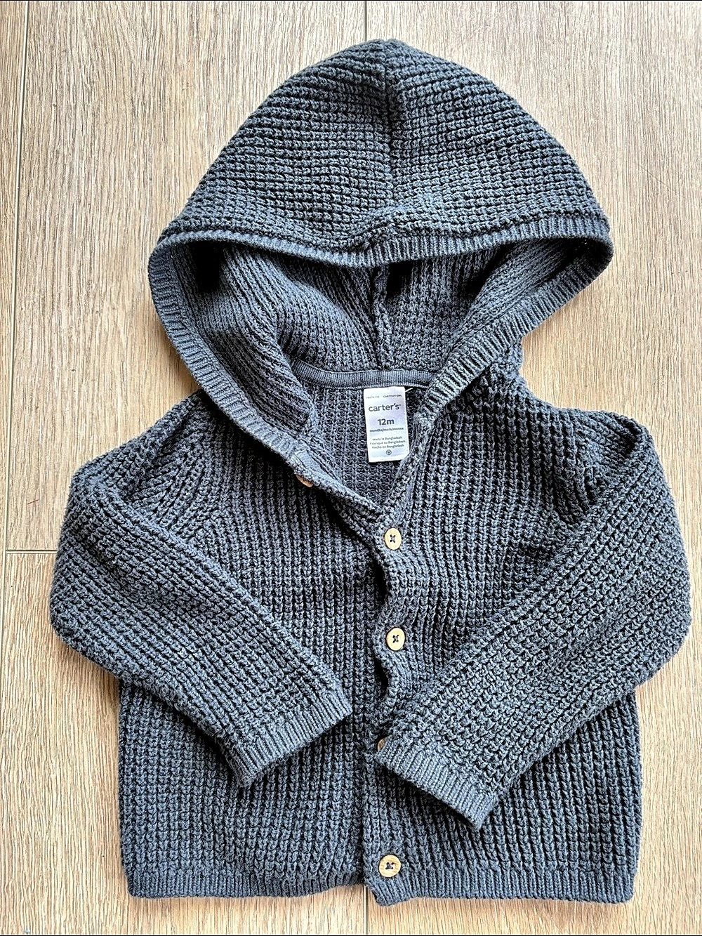 Carter's Waffle Knit Hooded Cardigan Baby 12M Gray